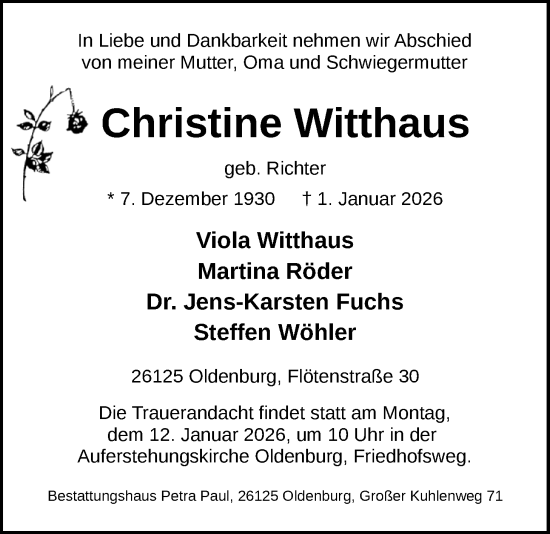 Traueranzeige von Christine Witthaus von Nordwest-Zeitung