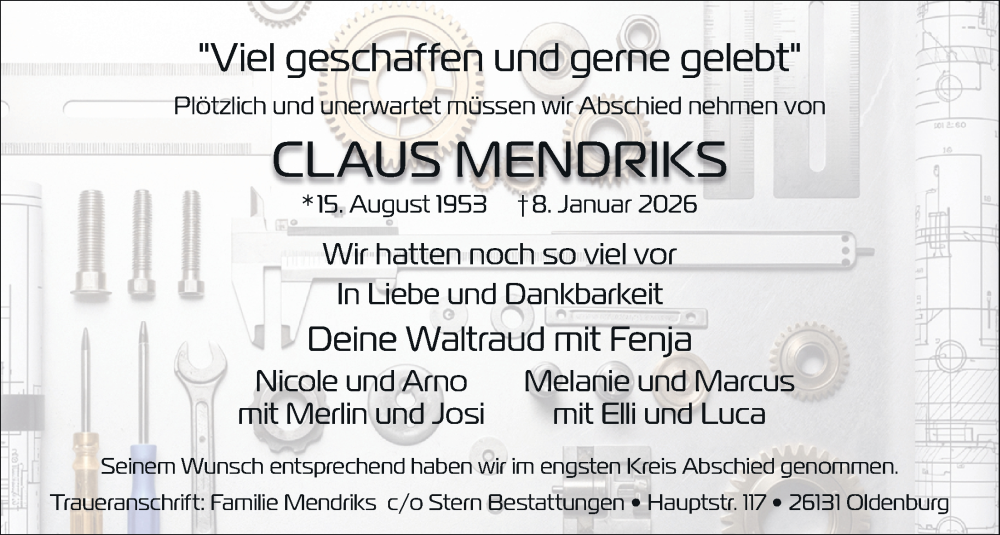 Traueranzeige für Claus Mendriks vom 31.01.2026 aus Nordwest-Zeitung