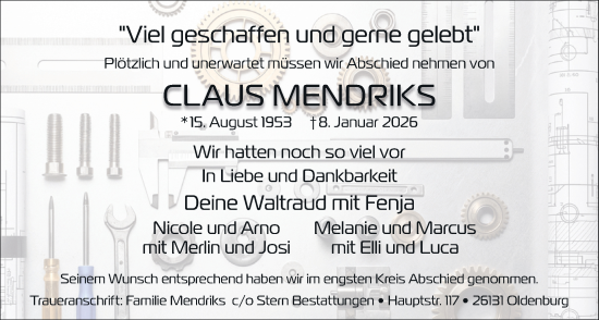 Traueranzeige von Claus Mendriks von Nordwest-Zeitung