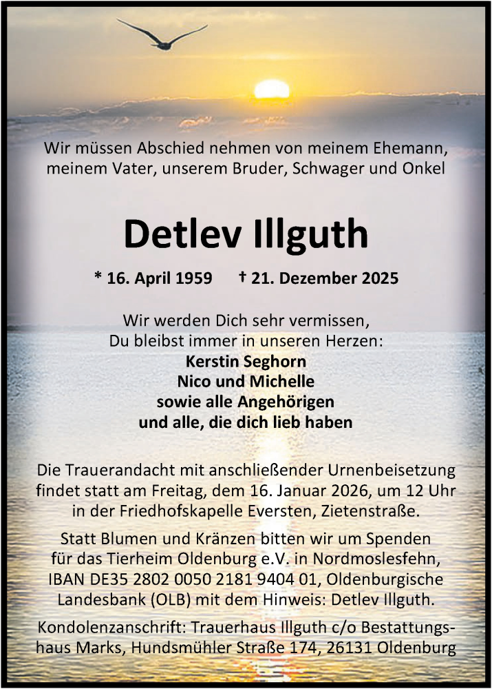  Traueranzeige für Detlev Illguth vom 10.01.2026 aus Nordwest-Zeitung