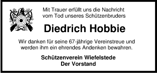 Traueranzeige von Diedrich Hobbie von Nordwest-Zeitung