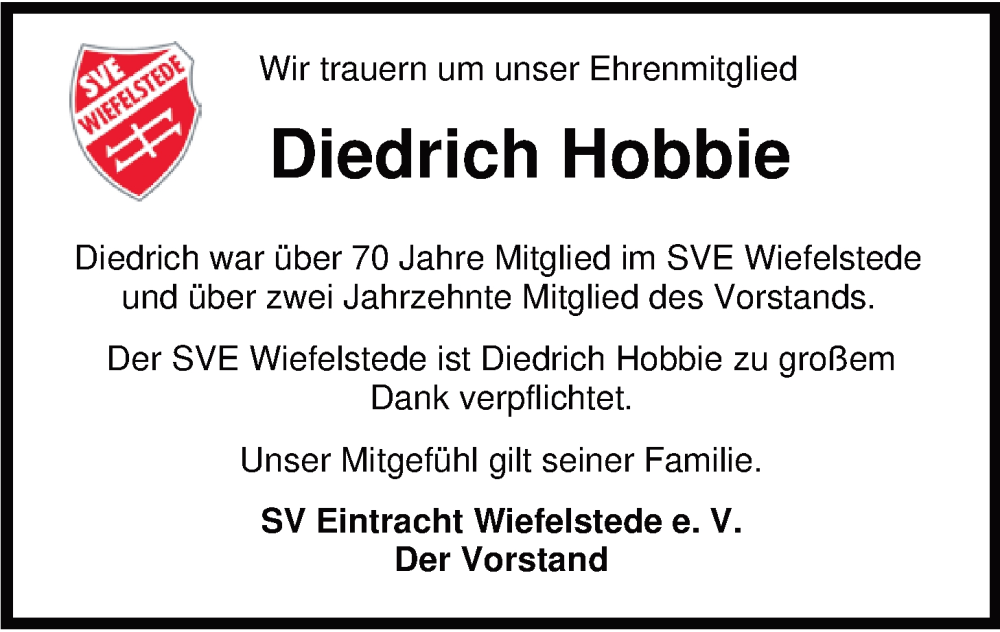 Traueranzeige für Diedrich Hobbie vom 15.01.2026 aus Nordwest-Zeitung