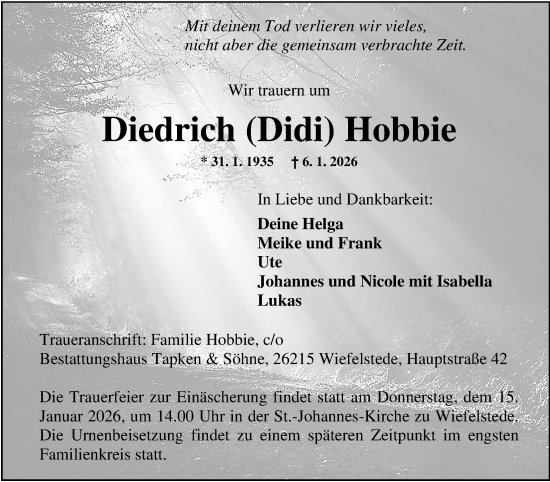 Traueranzeige von Diedrich Hobbie von Nordwest-Zeitung
