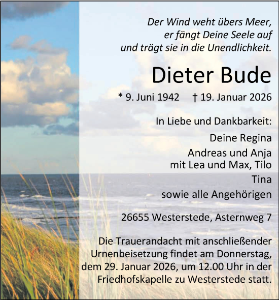 Traueranzeige von Dieter Bude von Nordwest-Zeitung