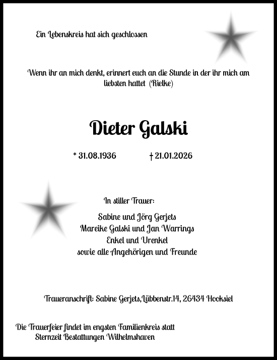 Traueranzeige von Dieter Galski von WZ/JW/AH