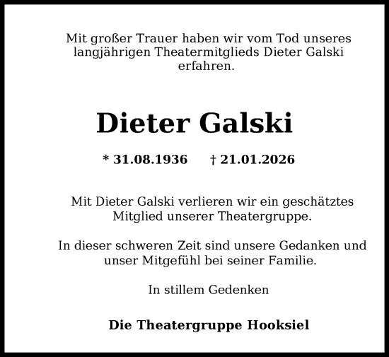 Traueranzeige von Dieter Galski von WZ/JW/AH