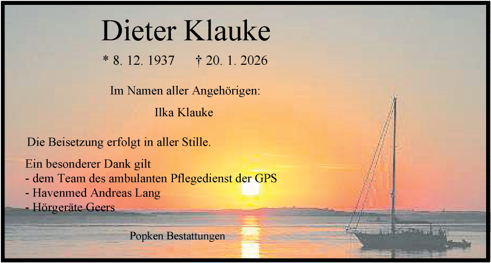  Traueranzeige für Dieter Klauke vom 31.01.2026 aus WZ/JW/AH