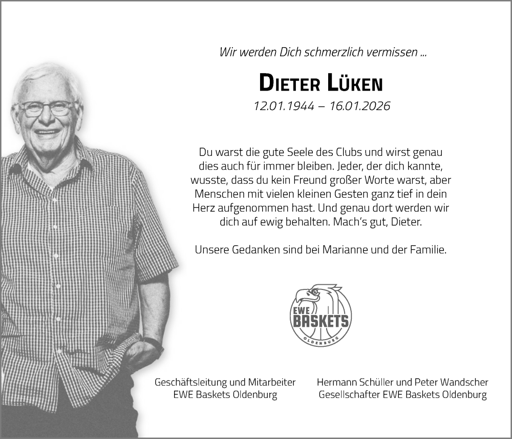  Traueranzeige für Dieter Lüken vom 23.01.2026 aus Nordwest-Zeitung