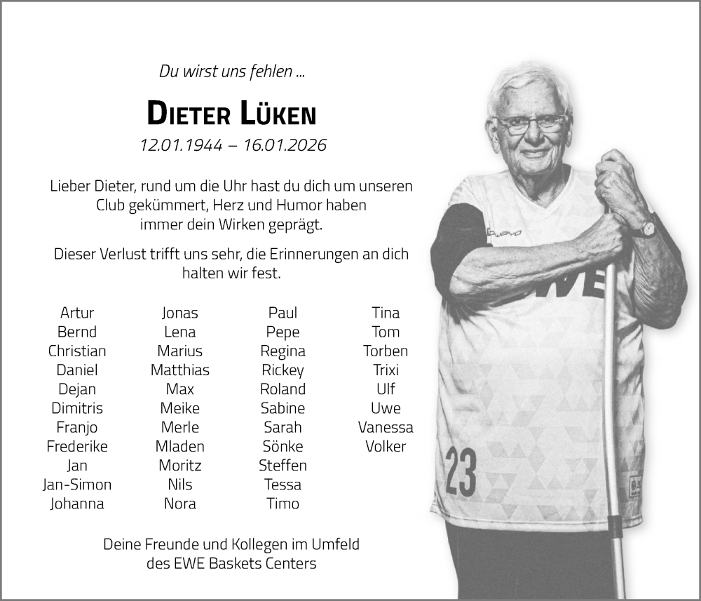  Traueranzeige für Dieter Lüken vom 23.01.2026 aus Nordwest-Zeitung