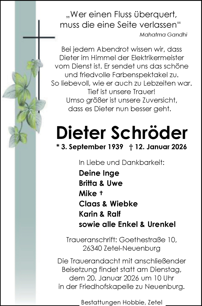  Traueranzeige für Dieter Schröder vom 16.01.2026 aus Nordwest-Zeitung