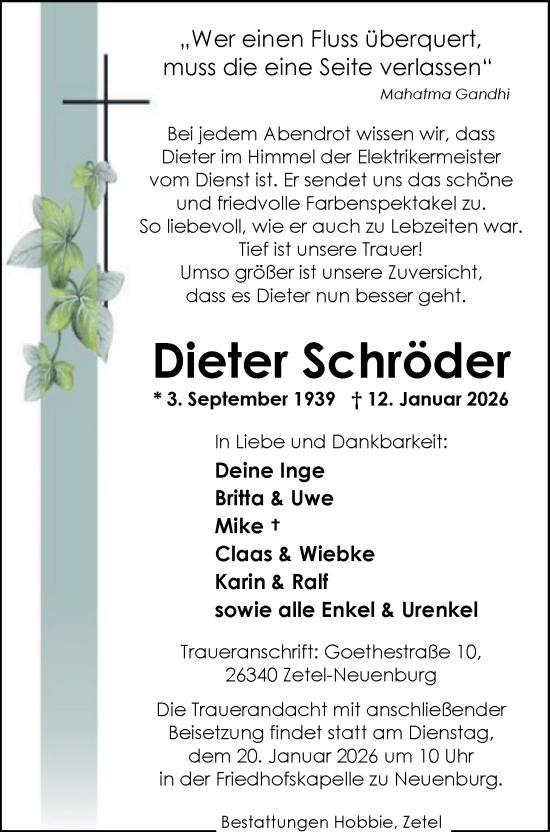 Traueranzeige von Dieter Schröder von Nordwest-Zeitung
