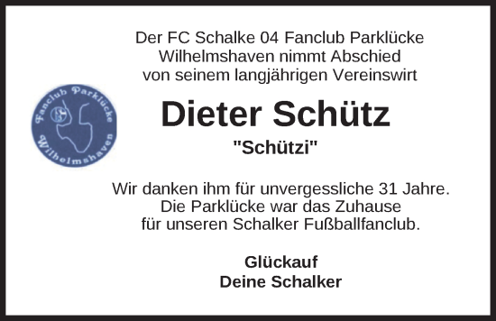 Traueranzeige von Dieter Schütz von WZ/JW/AH