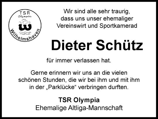 Traueranzeige von Dieter Schütz von WZ/JW/AH