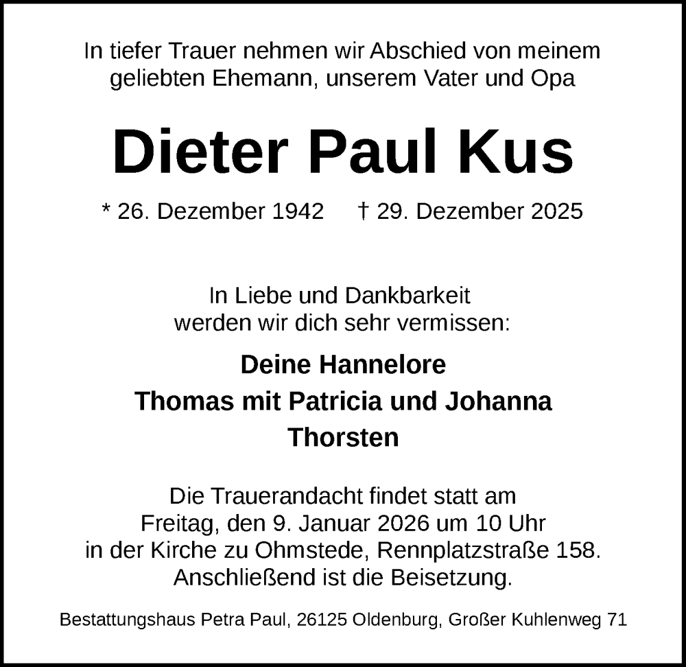  Traueranzeige für Dieter Paul Kus vom 03.01.2026 aus Nordwest-Zeitung