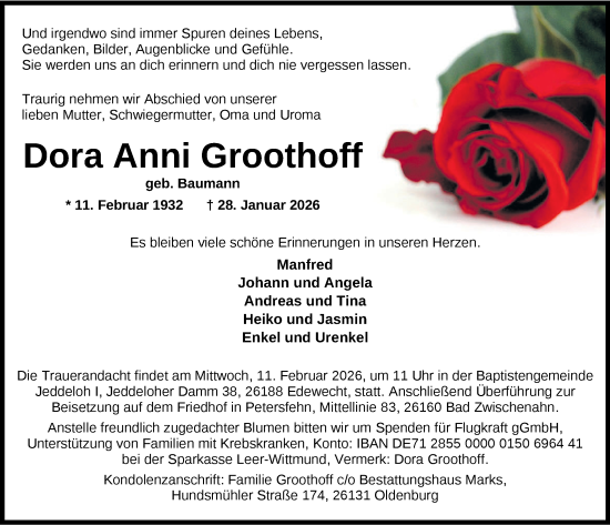 Traueranzeige von Dora Anni Groothoff von Nordwest-Zeitung