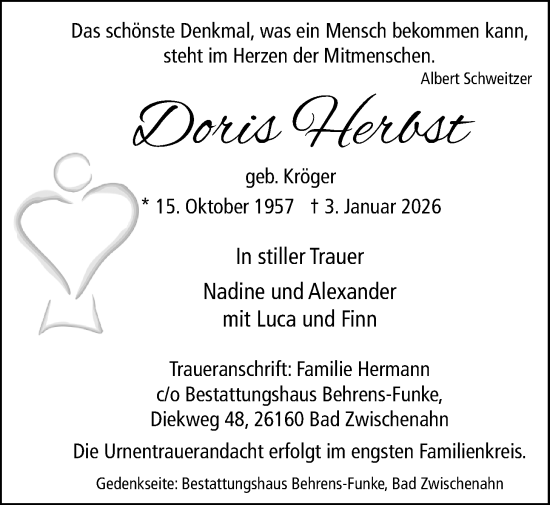 Traueranzeige von Doris Herbst von Nordwest-Zeitung