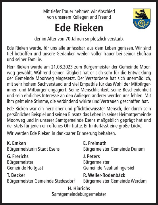 Traueranzeige von Ede Rieken von WZ/JW/AH