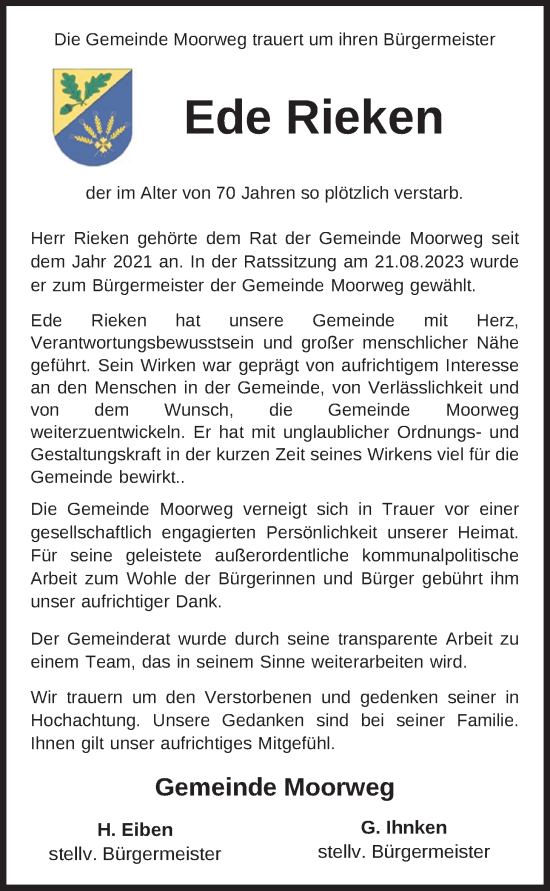 Traueranzeige von Ede Rieken von WZ/JW/AH