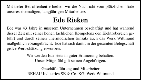 Traueranzeige von Ede Rieken von WZ/JW/AH