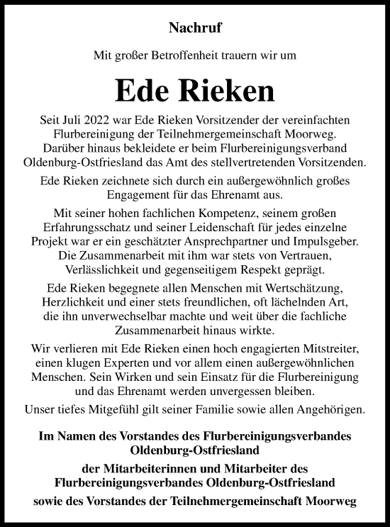 Traueranzeige von Ede Rieken von WZ/JW/AH