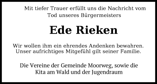 Traueranzeige von Ede Rieken von WZ/JW/AH