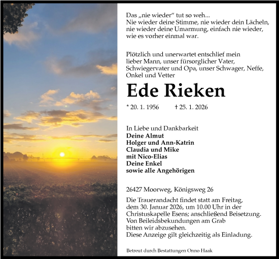 Traueranzeige von Ede Rieken von WZ/JW/AH