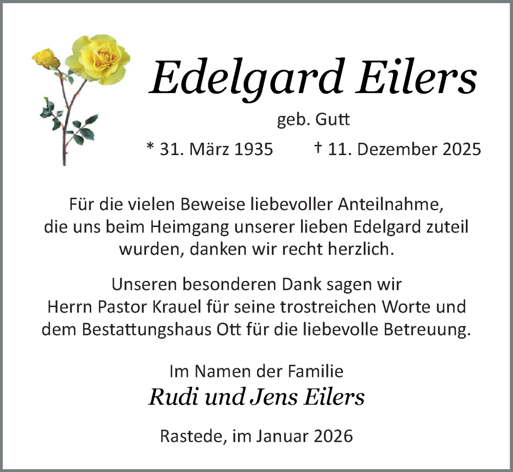  Traueranzeige für Edelgard Eilers vom 24.01.2026 aus Nordwest-Zeitung