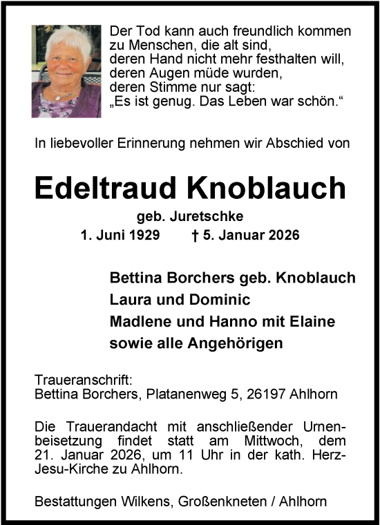 Traueranzeige von Edeltraud Knoblauch von Nordwest-Zeitung
