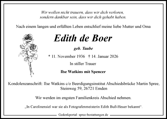 Traueranzeige von Edith de Boer von WZ/JW/AH