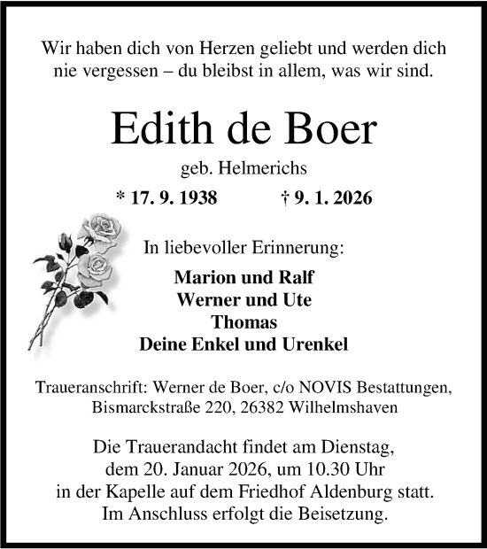 Traueranzeige von Edith de Boer von WZ/JW/AH