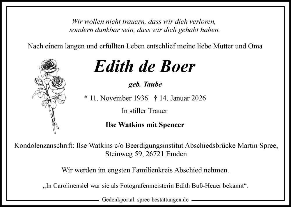 Traueranzeige für Edith de Boer vom 31.01.2026 aus Emder Zeitung
