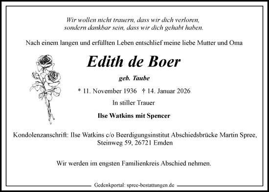 Traueranzeige von Edith de Boer von Nordwest-Zeitung