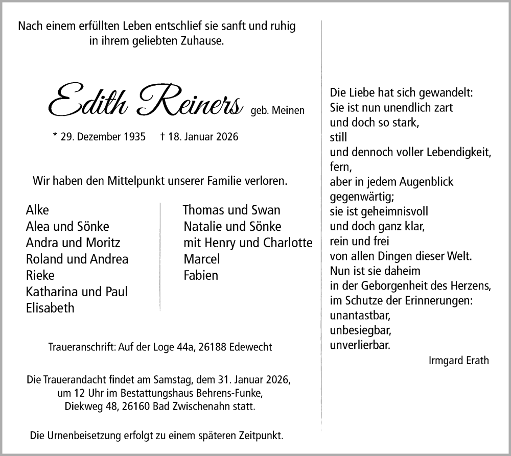  Traueranzeige für Edith Reiners vom 24.01.2026 aus Nordwest-Zeitung