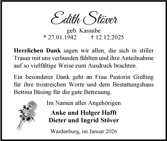 Traueranzeige von Edith Stöver von Nordwest-Zeitung