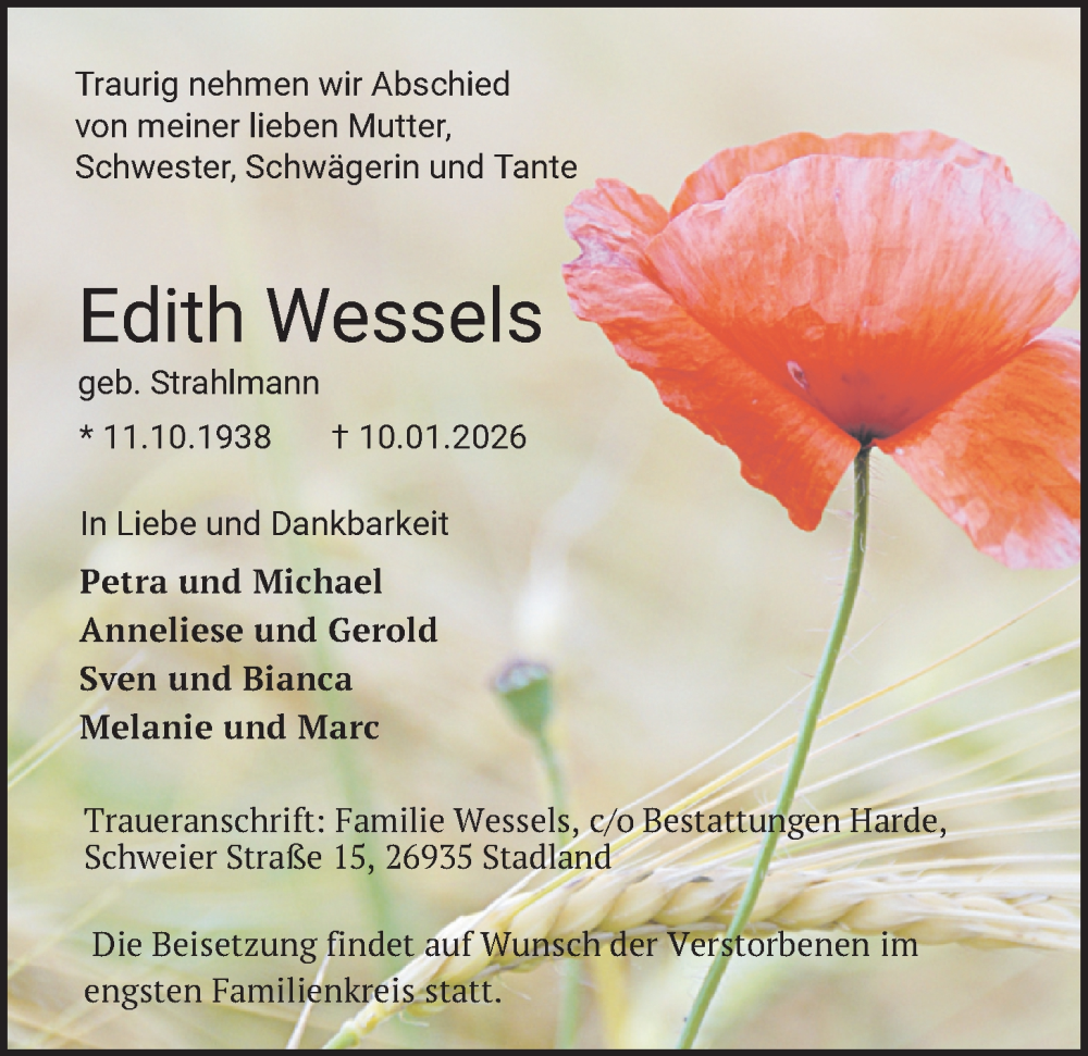  Traueranzeige für Edith Wessels vom 24.01.2026 aus Nordwest-Zeitung