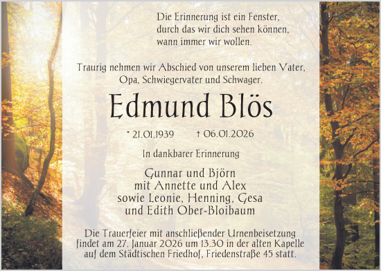 Traueranzeige von Edmund Blös von WZ/JW/AH