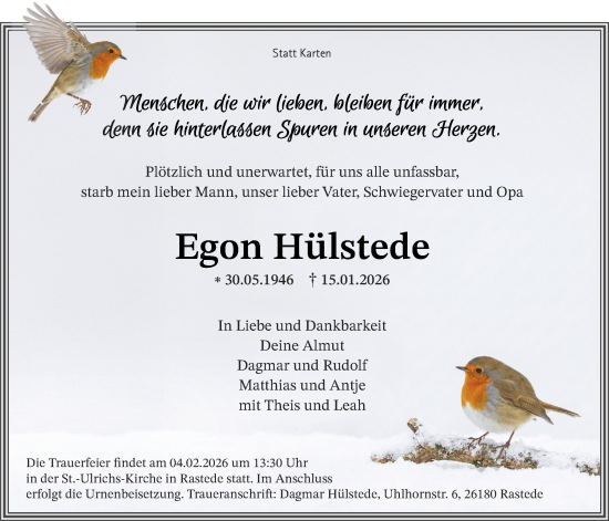 Traueranzeige von Egon Hülstede von Nordwest-Zeitung