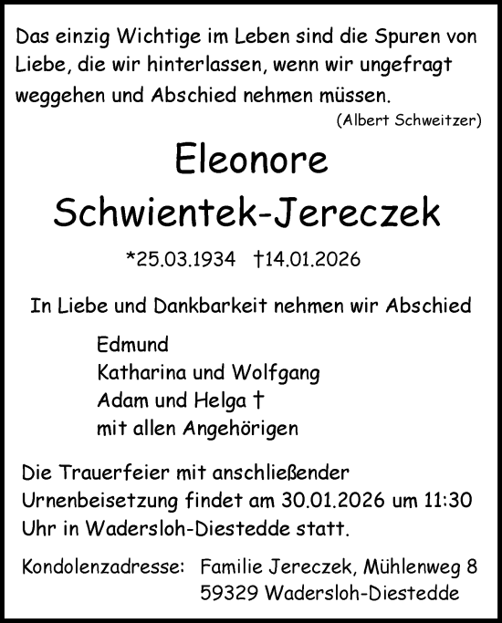 Traueranzeige von Eleonore Schwientek-Jereczek von Nordwest-Zeitung