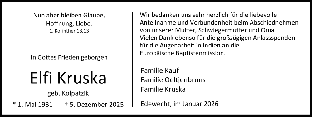  Traueranzeige für Elfriede Kruska vom 31.01.2026 aus Nordwest-Zeitung