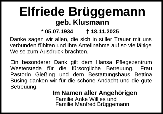 Traueranzeige von Elfriede Brüggemann von Nordwest-Zeitung