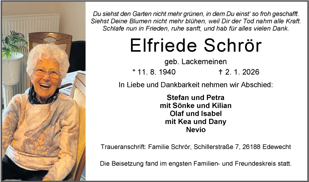  Traueranzeige für Elfriede Schrör vom 14.01.2026 aus Nordwest-Zeitung