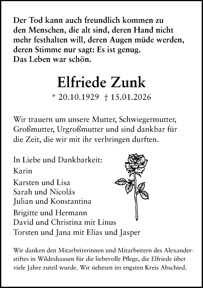  Traueranzeige für Elfriede Zunk vom 31.01.2026 aus Nordwest-Zeitung