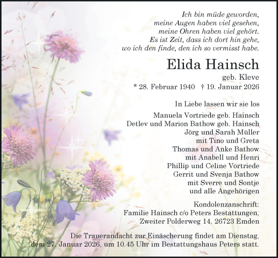 Traueranzeige von Elida Hainsch von Emder Zeitung