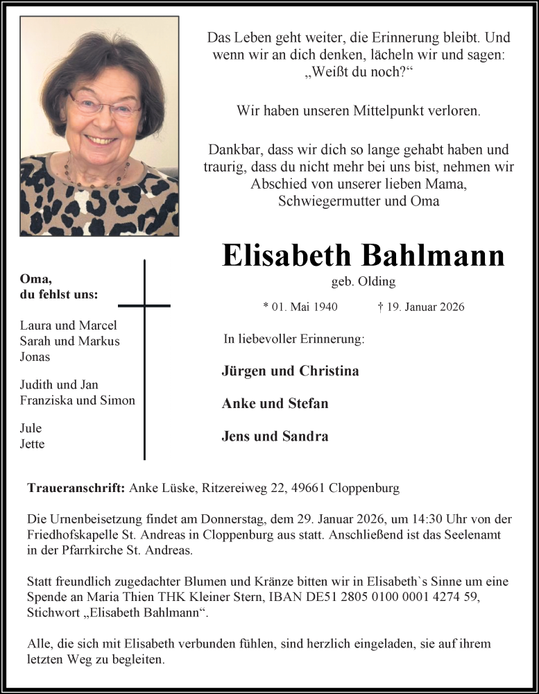  Traueranzeige für Elisabeth Bahlmann vom 24.01.2026 aus Nordwest-Zeitung