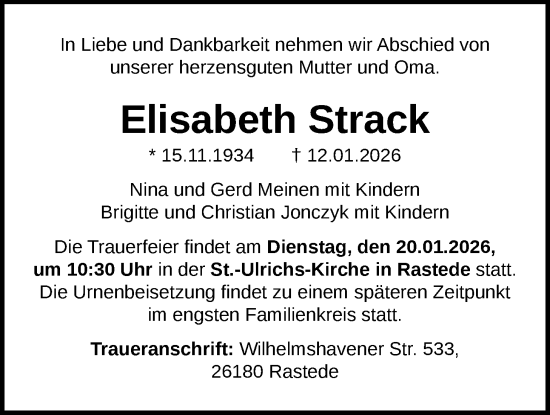 Traueranzeige von Elisabeth Strack von Nordwest-Zeitung
