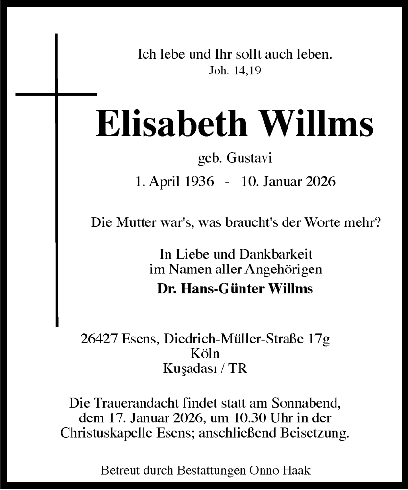  Traueranzeige für Elisabeth Willms vom 14.01.2026 aus WZ/JW/AH