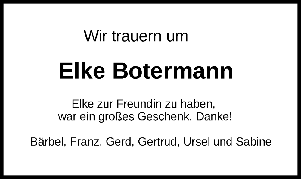  Traueranzeige für Elke Botermann vom 24.01.2026 aus Nordwest-Zeitung