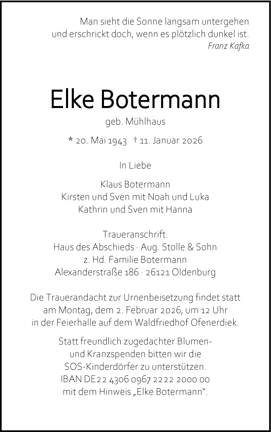 Traueranzeige von Elke Botermann von Nordwest-Zeitung