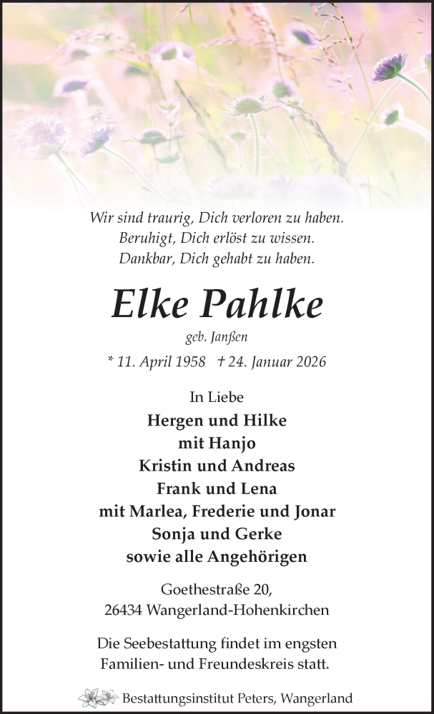  Traueranzeige für Elke Pahlke vom 28.01.2026 aus WZ/JW/AH