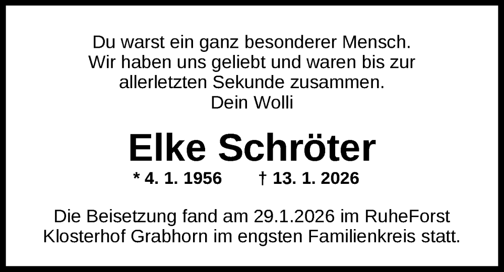  Traueranzeige für Elke Schröter vom 31.01.2026 aus Nordwest-Zeitung